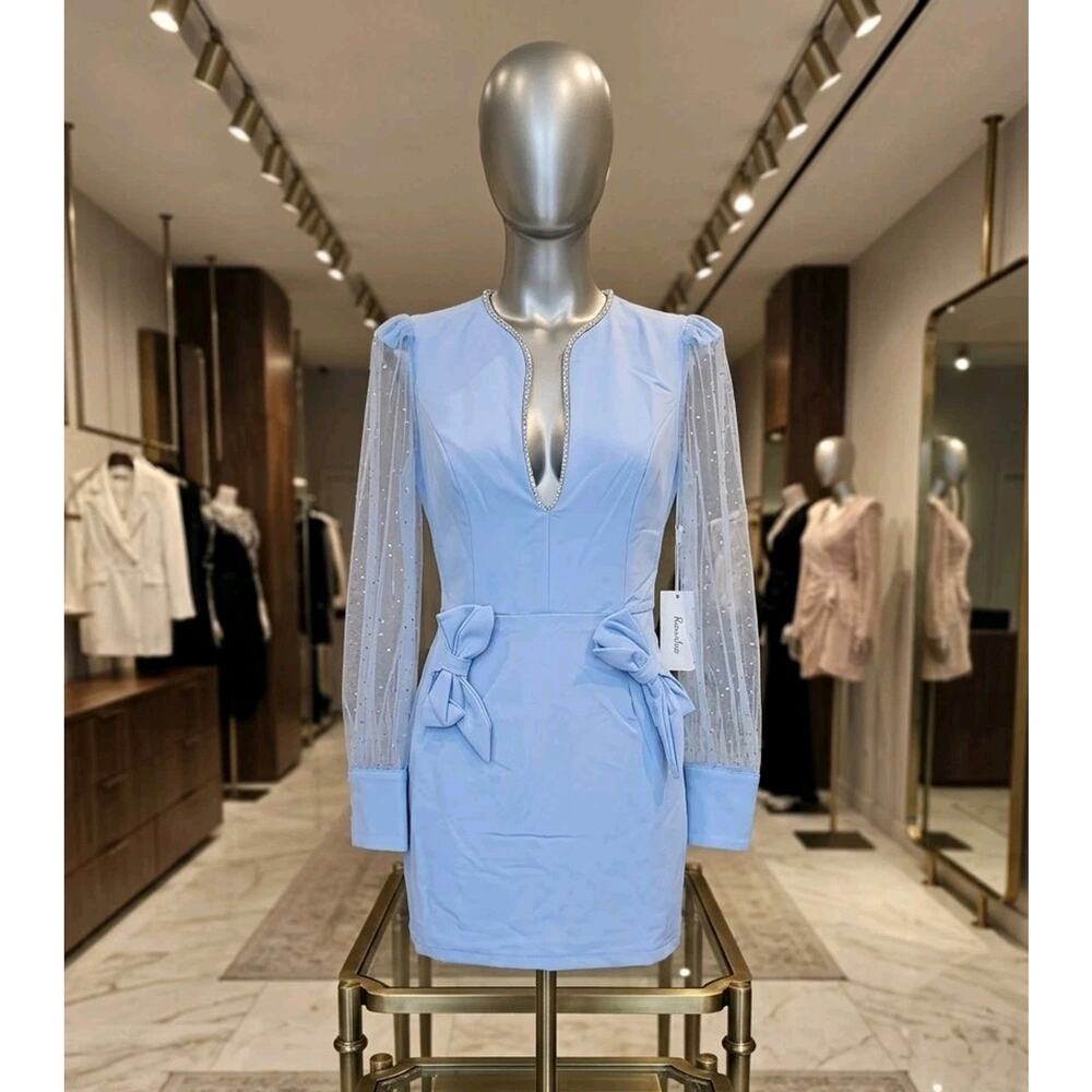 Rosevelvet Light Blue Dress with Sheer Polka Dot Sleeves Sparkle NWT